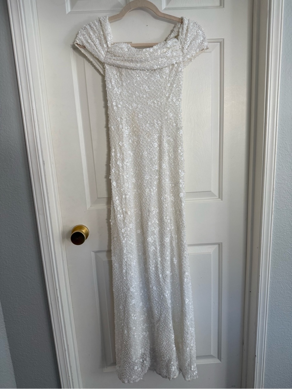 Meshki Priyanka Daisy Beaded Off-Shoulder White Sequin Maxi Dress